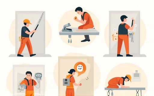 Illustration of various home repair scenarios being addressed